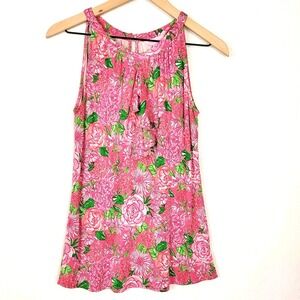 Lilly Pulitzer Silk Floral Pattern Ruffle Tank Top Sz 8 Preppy Boho Summer Beach